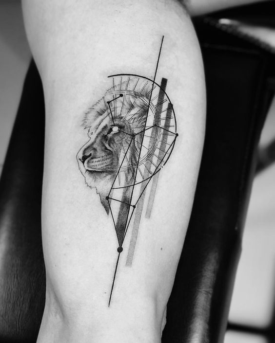 Lion King Tattoo, Intricate Architectural Lion Tattoo in Grayscale lion tattoos
