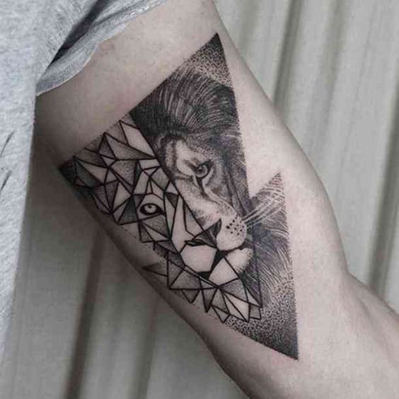 Half Geometric Half Realistic Lion Tattoo Tattoo on skin