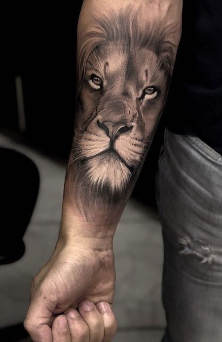 Wise Lion Face Realism Tattoo in Grayscale Tattoo on skin