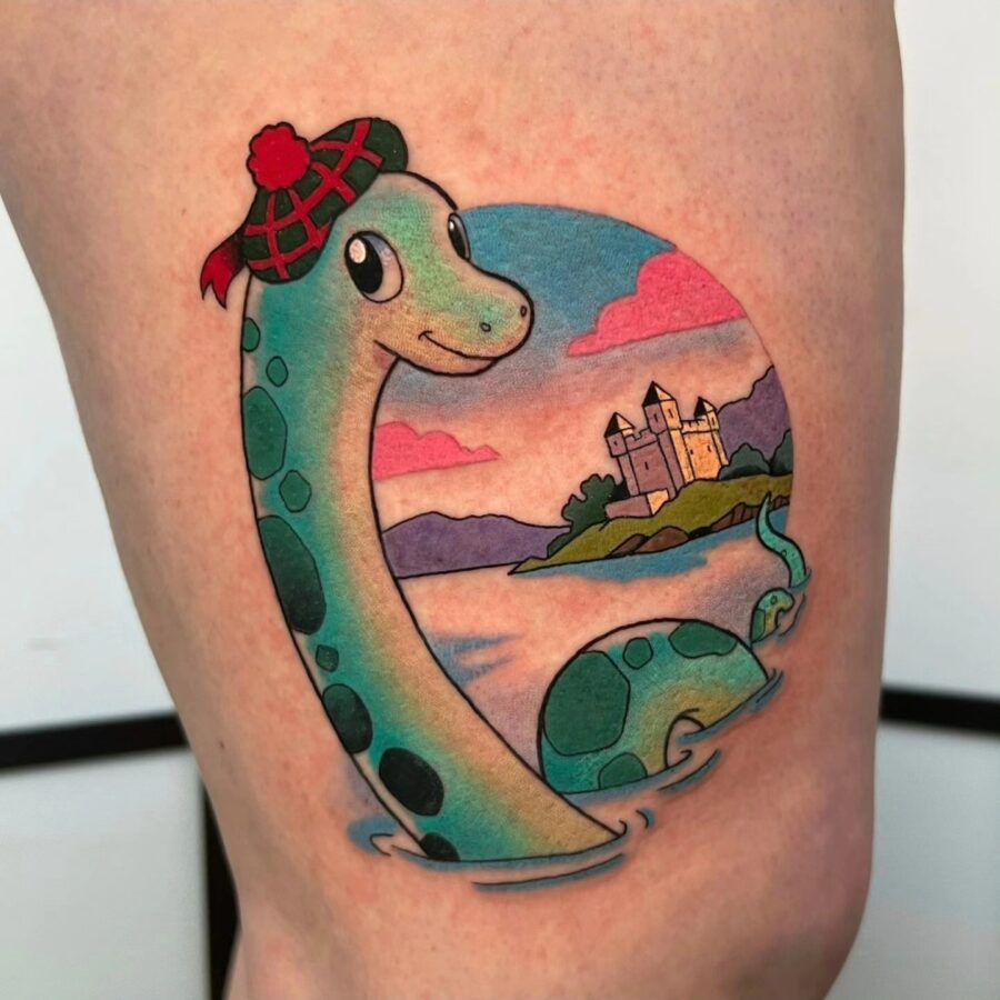 Playful depiction of the Loch Ness monster tattoo Tattoo on skin