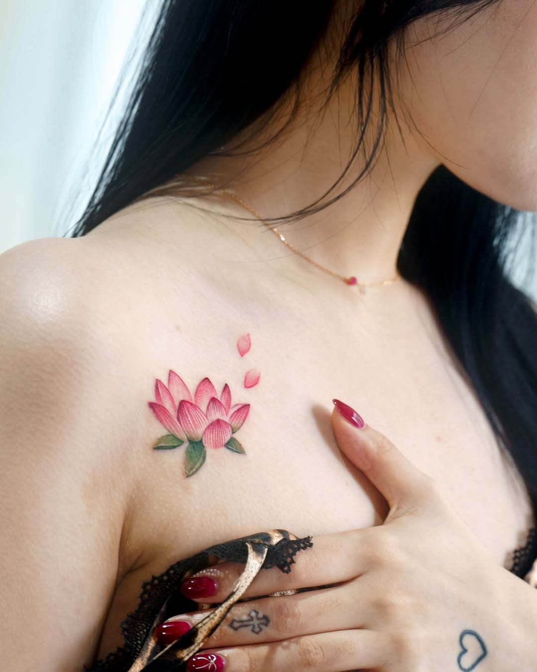 Delicate Pink Lotus Tattoo on Shoulder Tattoo on skin