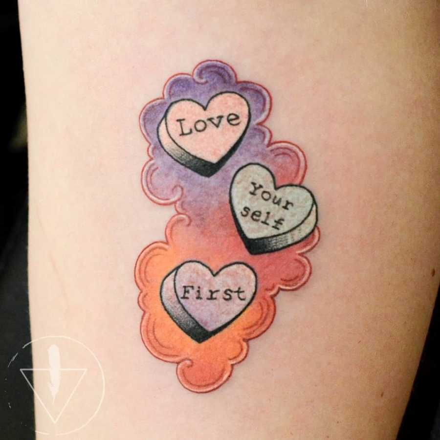 Love Yourself First Candy Hearts Love Tattoo Tattoo on skin