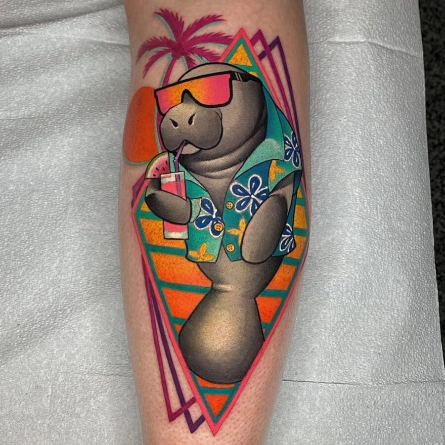 Playful manatee tattoo exuding summer vibes Tattoo on skin