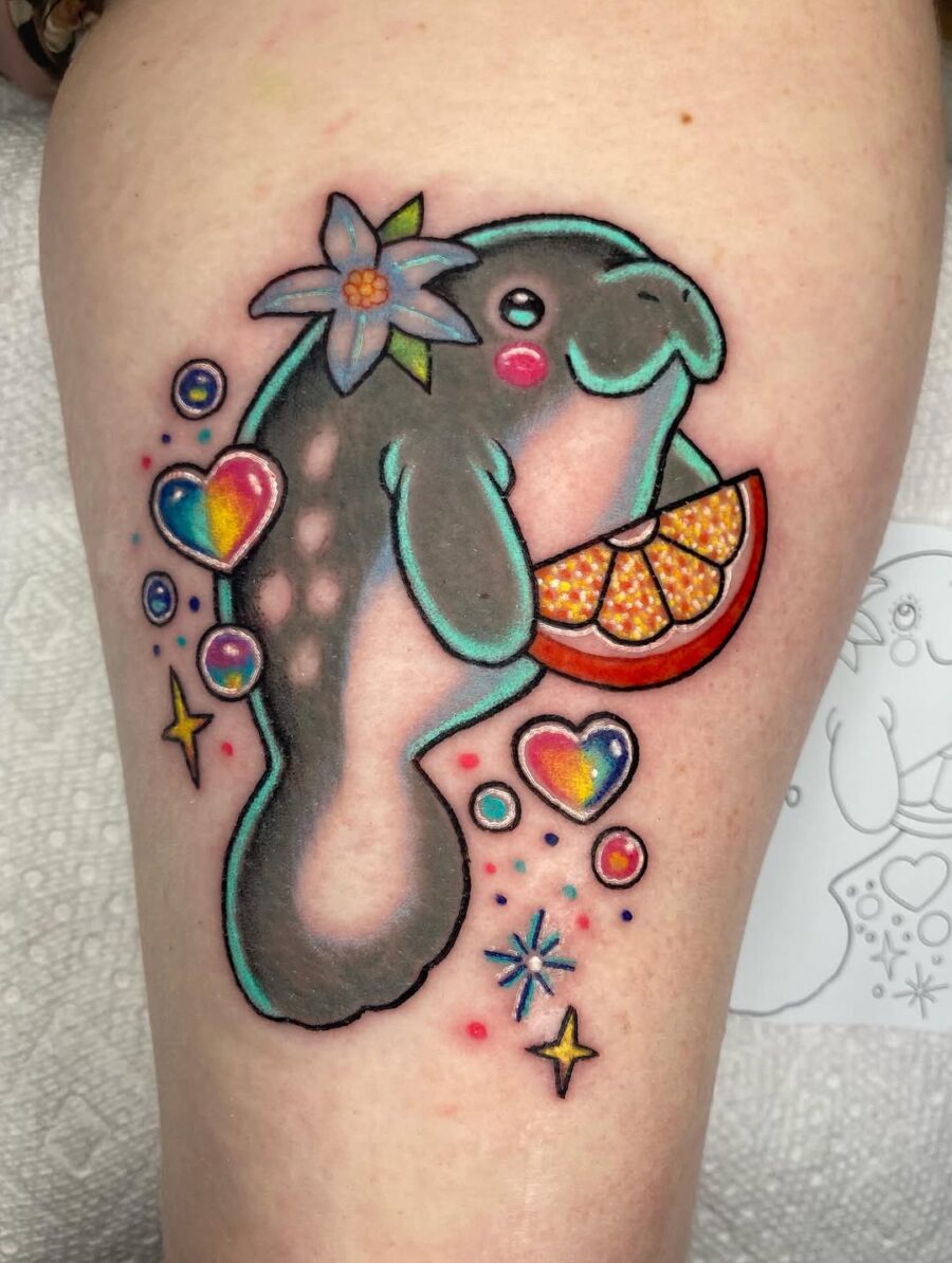 Whimsical manatee tattoo with vibrant colors Tattoo on skin
