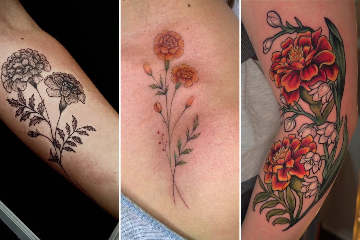 30+ Marigold Tattoo Ideas Shining With Golden Autumn Warmth Featured 3-Panel Lookbook Collage