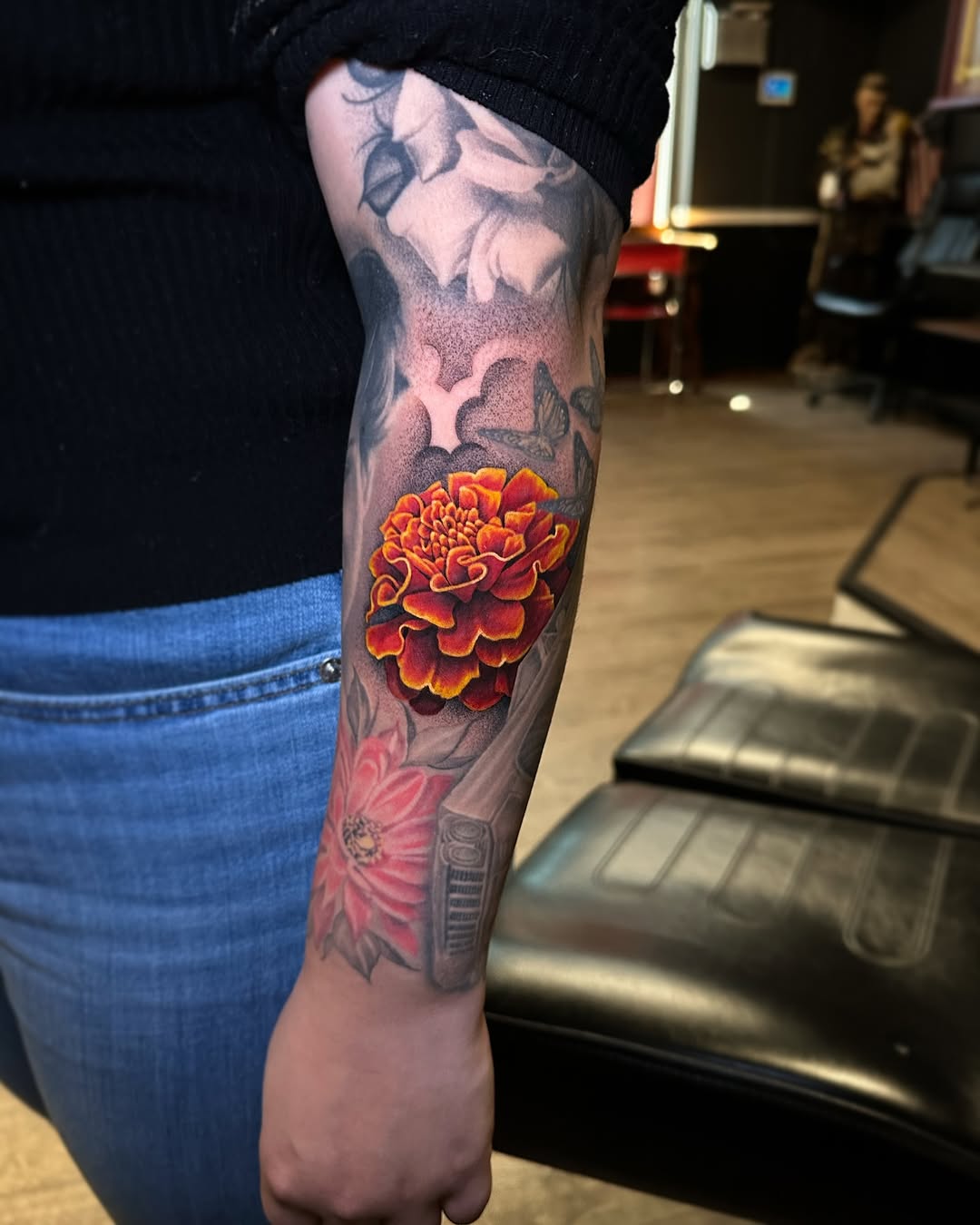 Vibrant Marigold Tattoo With Beautiful Detail Tattoo on skin