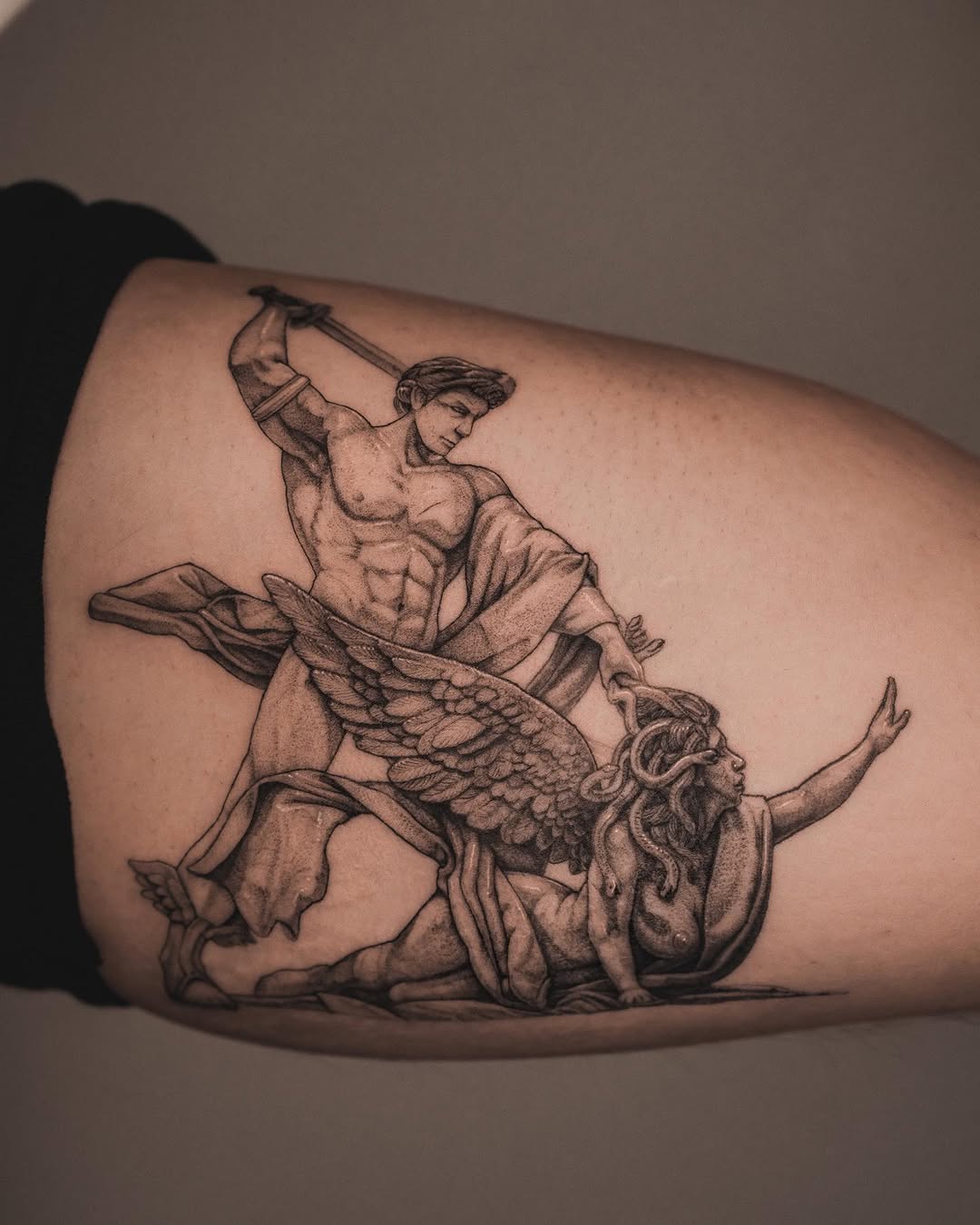 Dynamic Medusa Tattoo in Classical Style Tattoo on skin