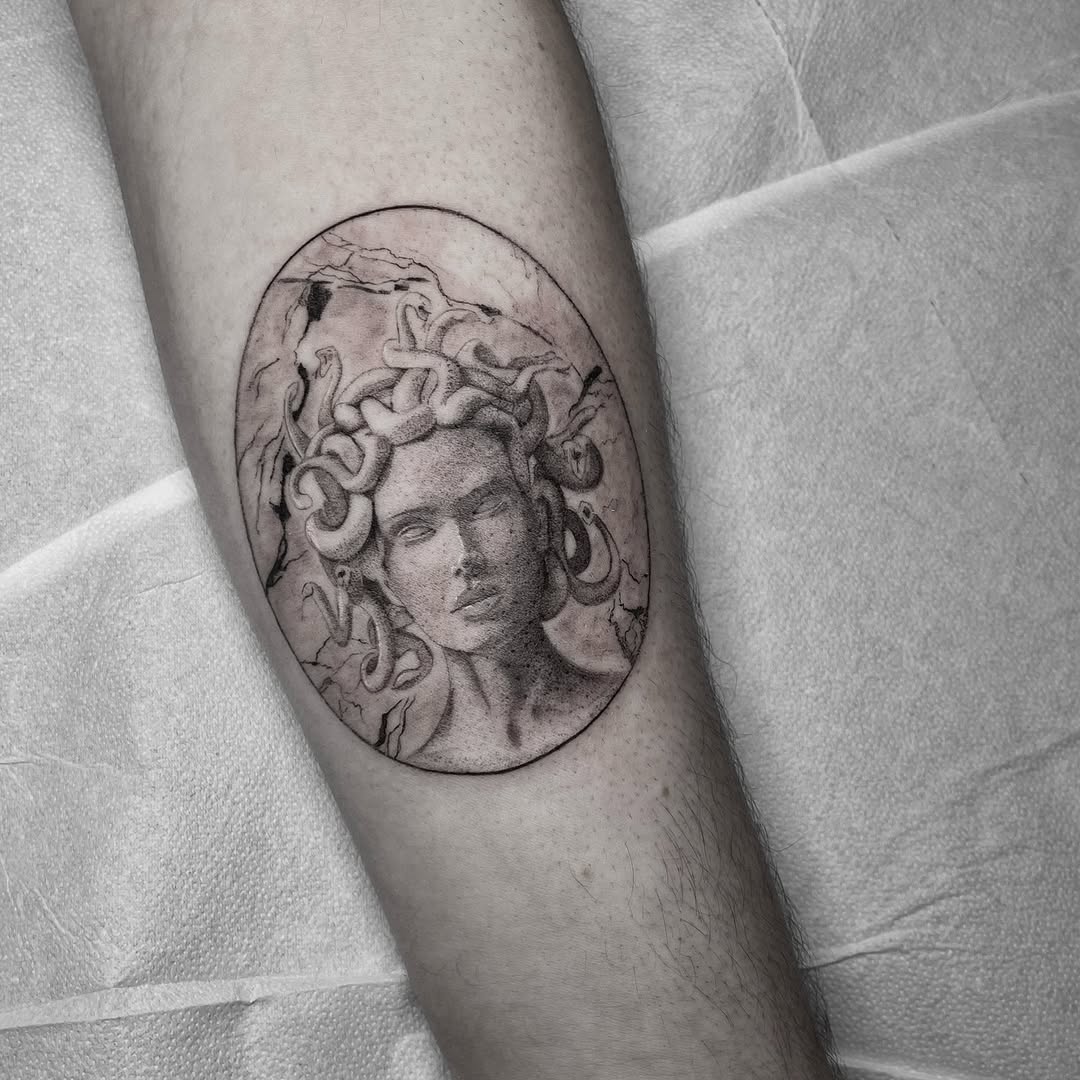 Intricate Medusa tattoo in black and gray Tattoo on skin