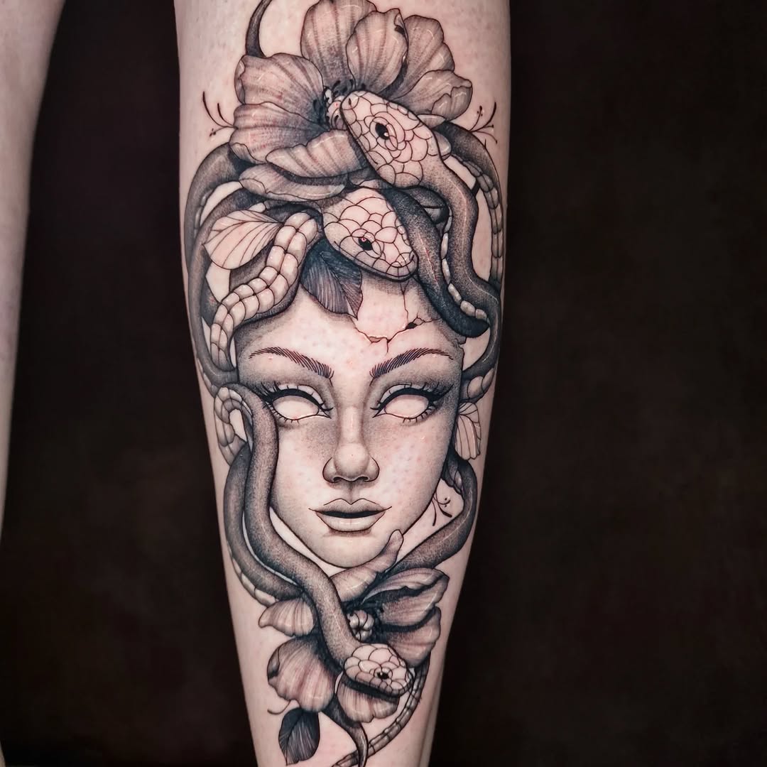 Intricate Medusa Tattoo with Floral Elements Tattoo on skin