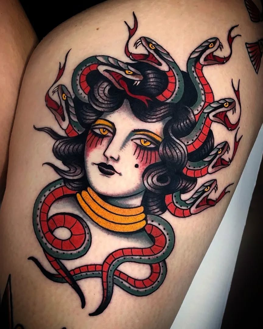 Striking Medusa Tattoo with Colorful Snakes Tattoo on skin