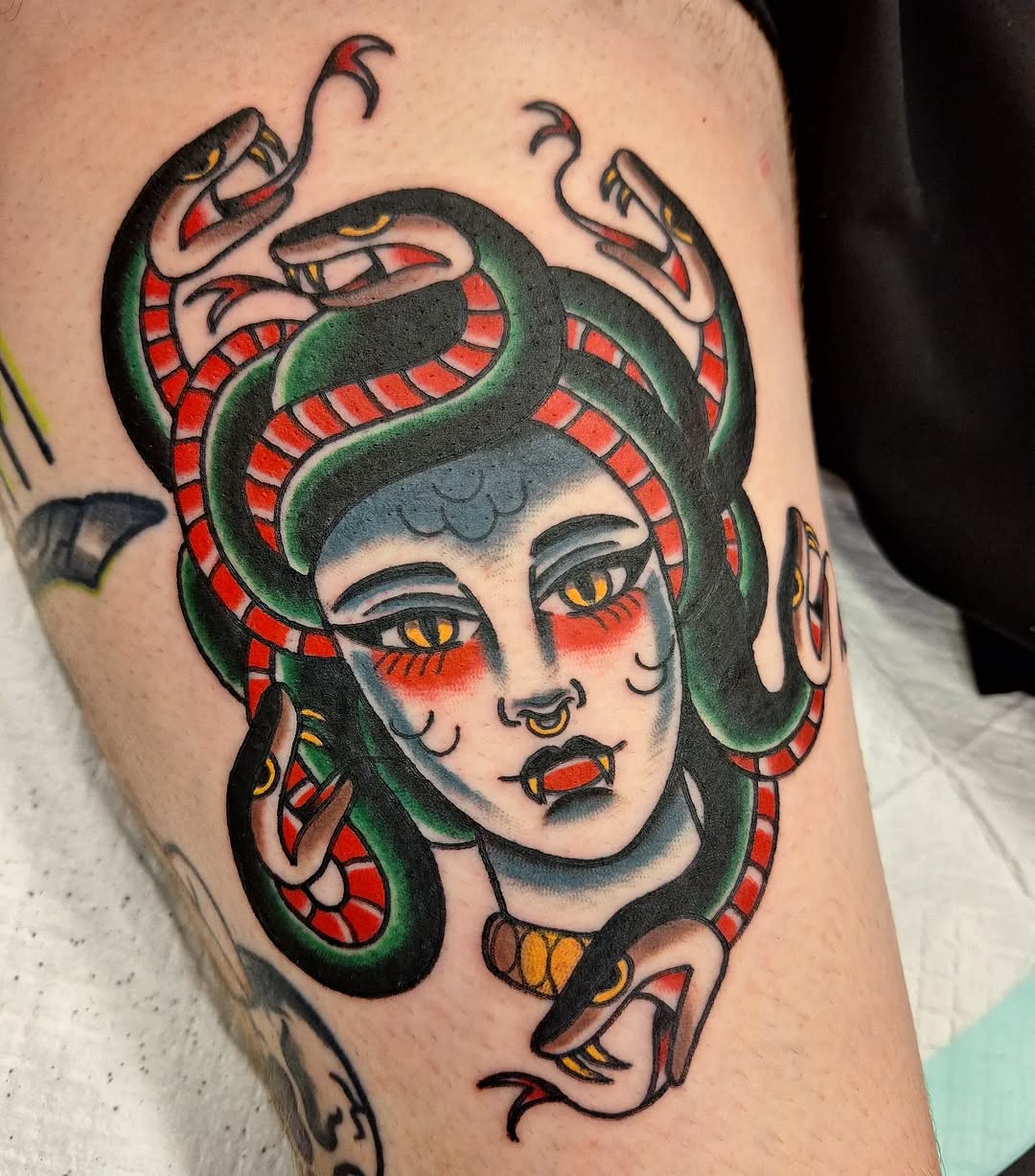 Vibrant Medusa Tattoo with Snakes and Bold Colors Tattoo on skin
