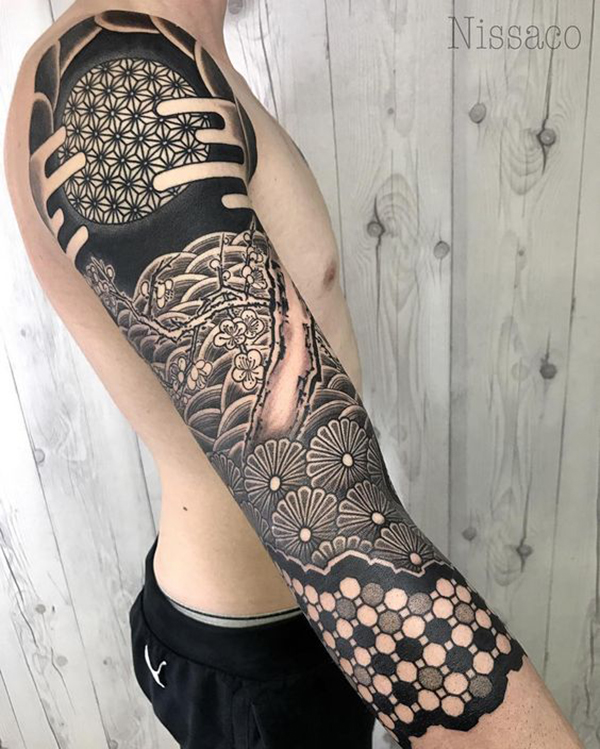 Asian Inspired Multi-Element Mosaic Tattoo Tattoo on skin