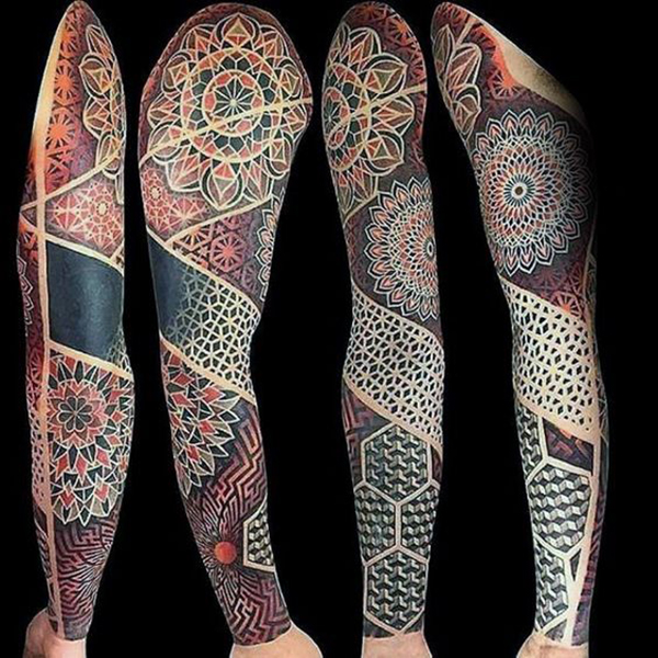 Black and Red Arm Sleeve Mosaic Tattoo Tattoo on skin