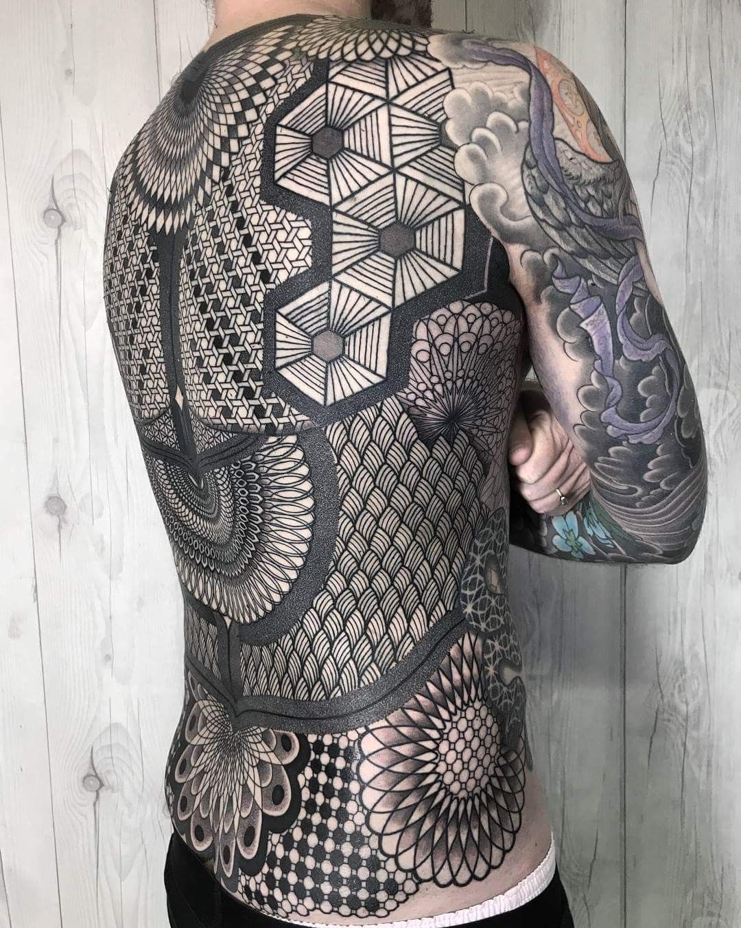 Black and White Mosaic Upper Body Tattoo Mosaic Tattoo Design Tattoo on skin
