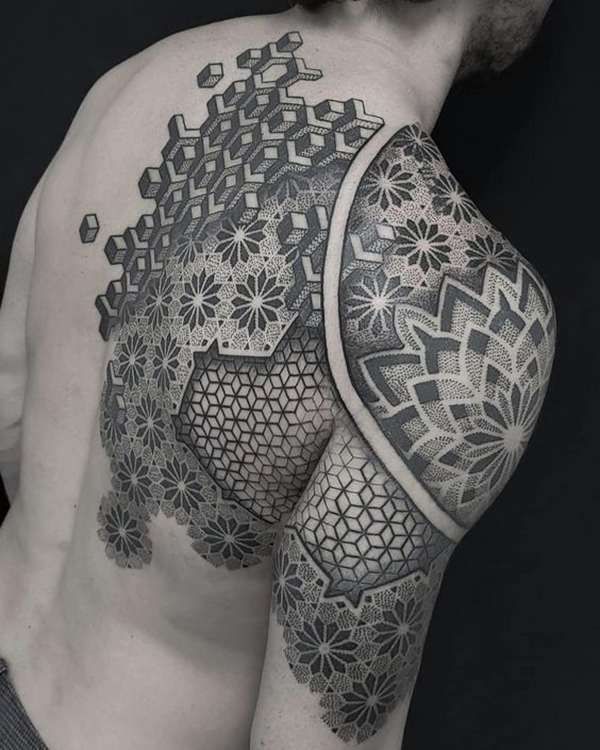 Black and White Shoulder and Back Mosaic Tattoo on skin