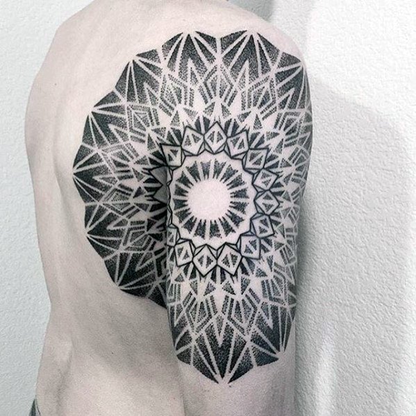 Black and White Sunburst Mandala Shoulder Tattoo Mosaic Tattoo Design Tattoo on skin