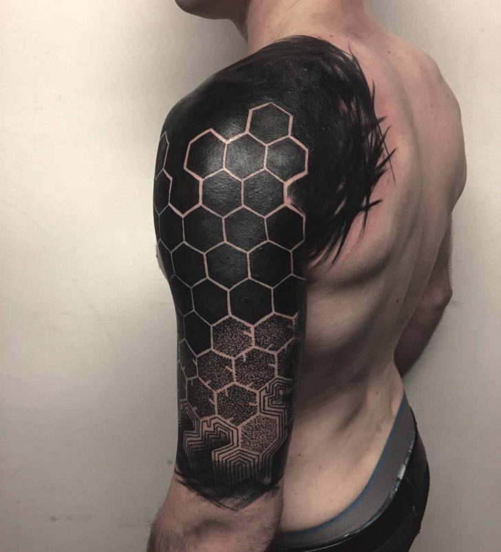 Black Hexagon Mosaic Shoulder and Arm Tattoo Mosaic Tattoos Tattoo on skin