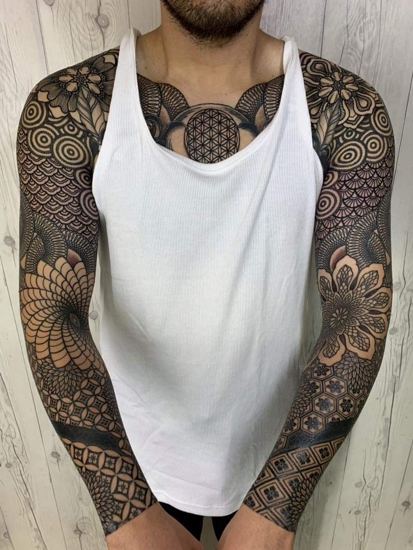Double Arm Sleeve and Chest Mosaic Tattoo Tattoo on skin