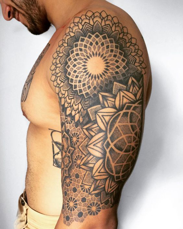 Floral Inspired Shoulder and Arm Mosaic Tattoo Tattoo on skin