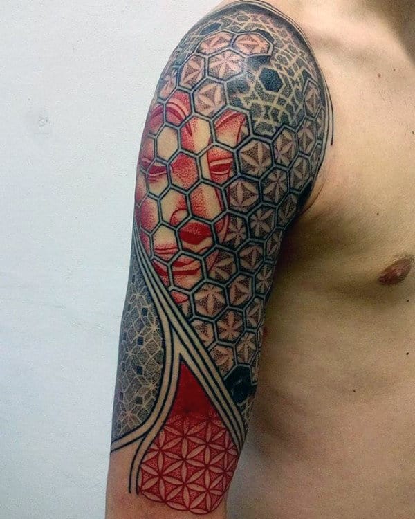 Grayscale Mosaic Shoulder Tattoo with Red Face Mosaic Tattoos Tattoo on skin
