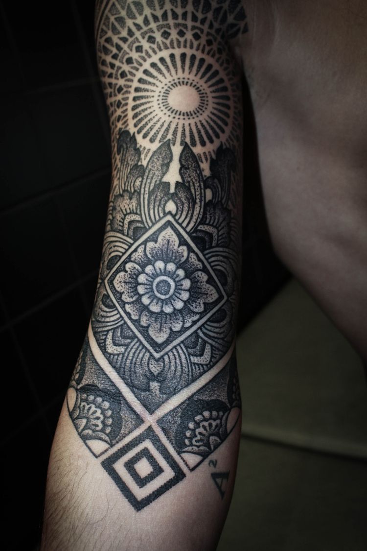 Mosaic Style Nature Scene Tattoo on Forearm Mosaic Tattoo Design Tattoo on skin
