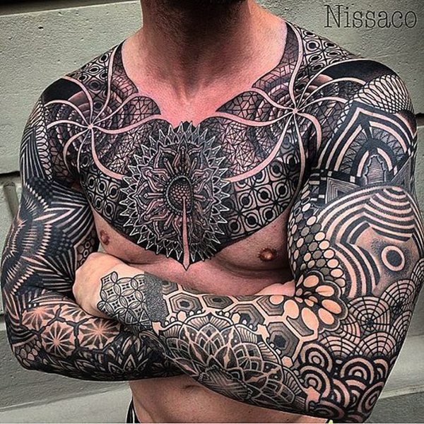 Multi-Patterned Chest, Shoulders, and Full Arm Tattoo Mosaic Tattoo Design Tattoo on skin