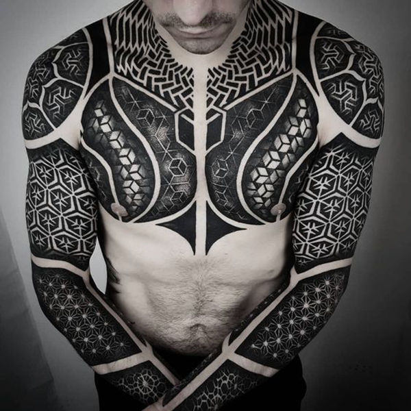 Powerful Chest, Arm and Shoulders Mosaic Tattoo Tattoo on skin