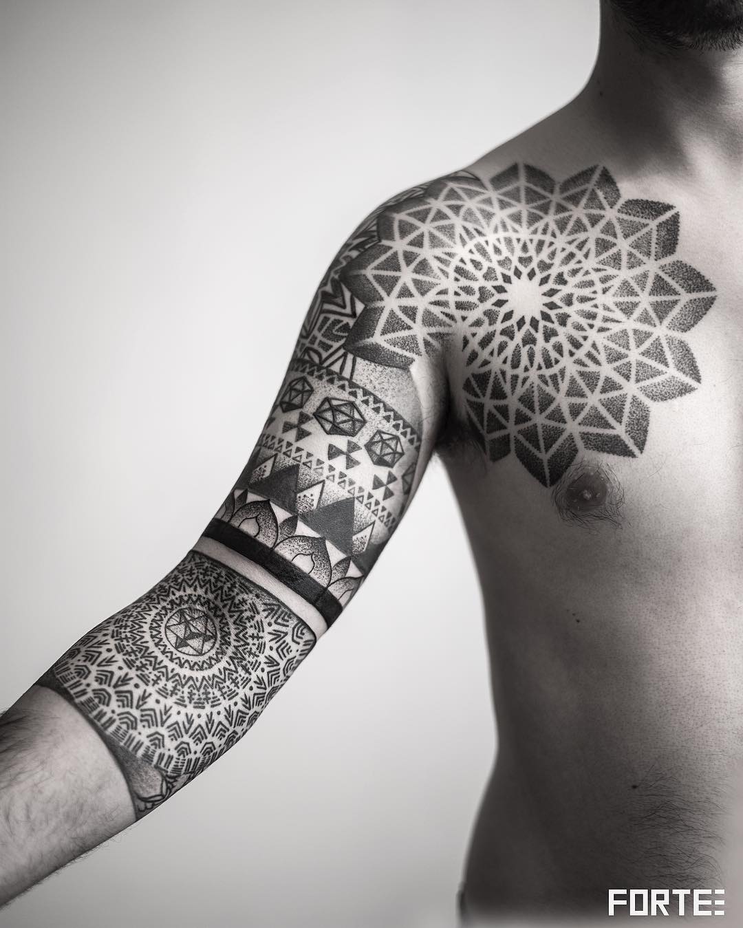 Sunburst Shoulder Geometric Mosaic Arm Tattoo Tattoo on skin