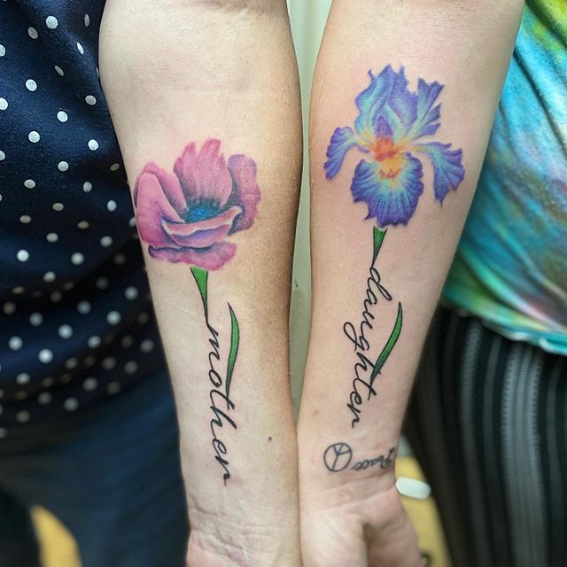 Colorful Iris & Poppy Mother-Daughter Stem Tattoo Tattoo on skin