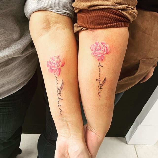 Coordinating Mother and Daughter Peony Tattoos Tattoo on skin
