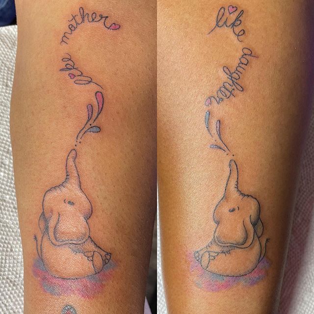 Cute Coordinating Elephants with Water Droplet Words Tattoo on skin
