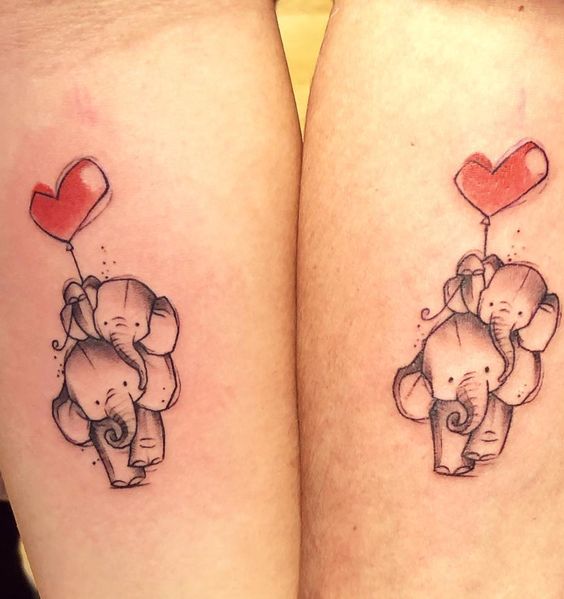 Cute Elephants with Balloons Matching Tattoos Tattoo on skin