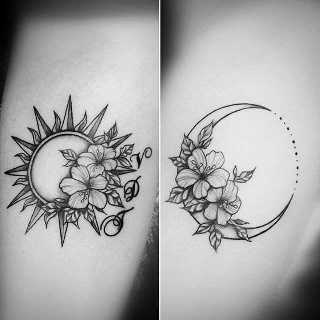Floral Sun & Moon Mother-Daughter Tattoo Tattoo on skin