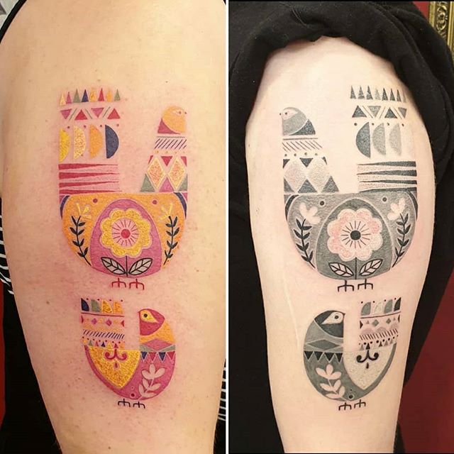 Folk Art Mother Hen & Chick Mirrored Tattoos Tattoo on skin