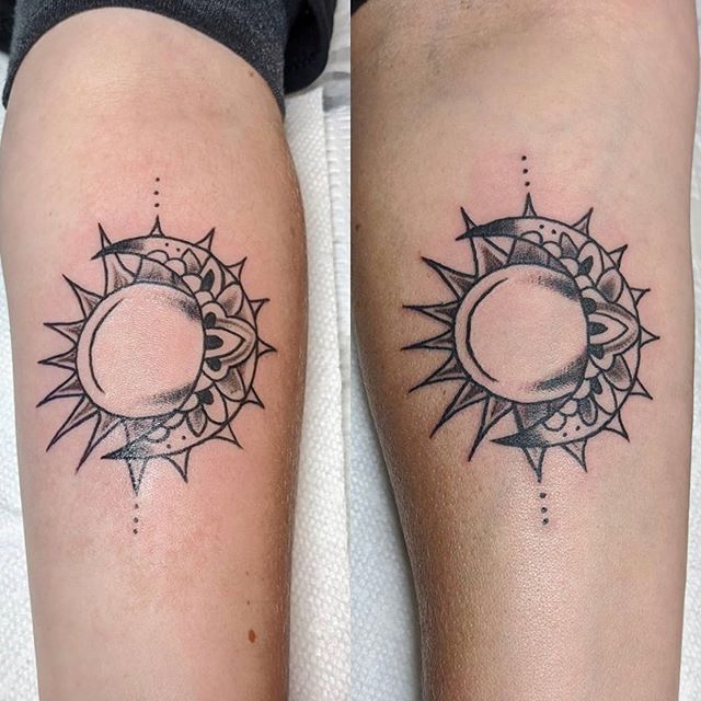 Matching Sun and Moon Tattoos on Inner Forearm Tattoo on skin