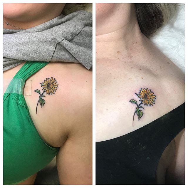 Matching Sunflower Collar Bone Tattoos Tattoo on skin