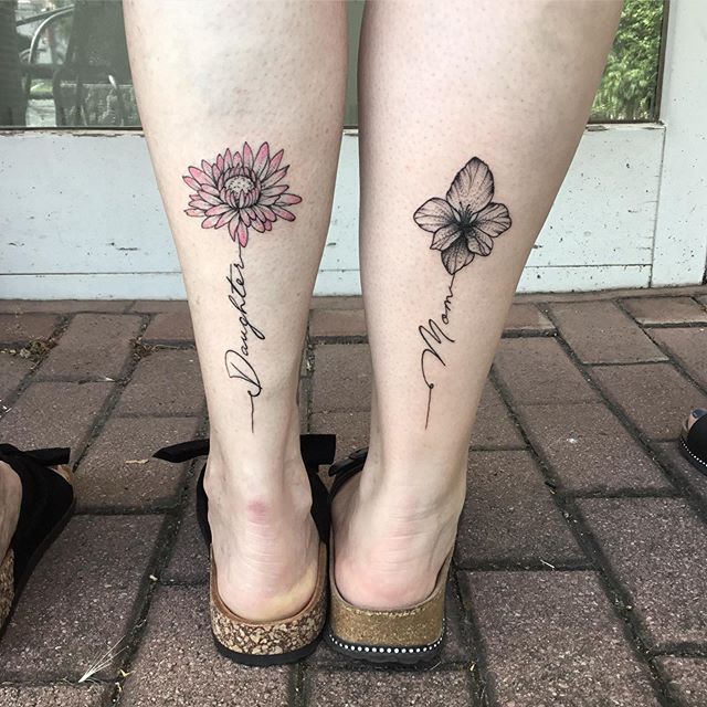 Mom and Daughter Flower Stem Tattoos Tattoo on skin