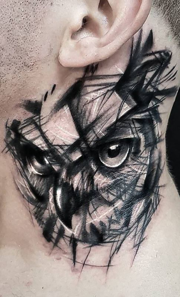 A Cubist Owl Sketch Neck Tattoo Tattoo on skin