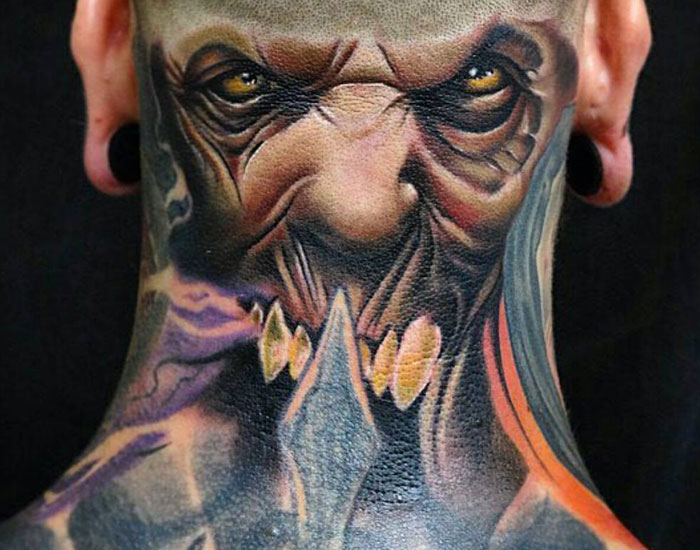 A Portrait Neck Tattoo That Will Give You Nightmares Tattoo on skin