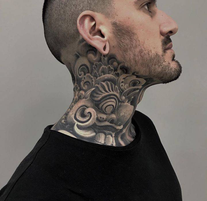 Dramatic Asian Scrollwork Dragon Neck Tattoo Tattoo on skin
