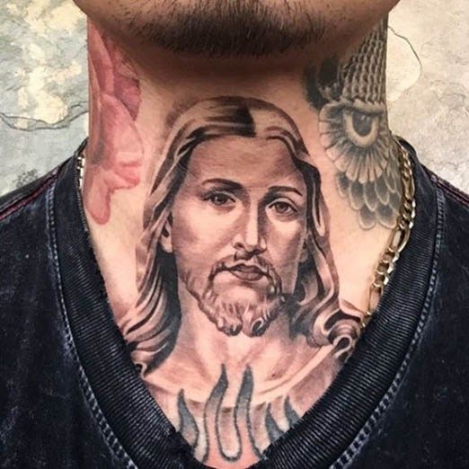 Jesus, That Is a Nice Religious Neck Tattoo Tattoo on skin