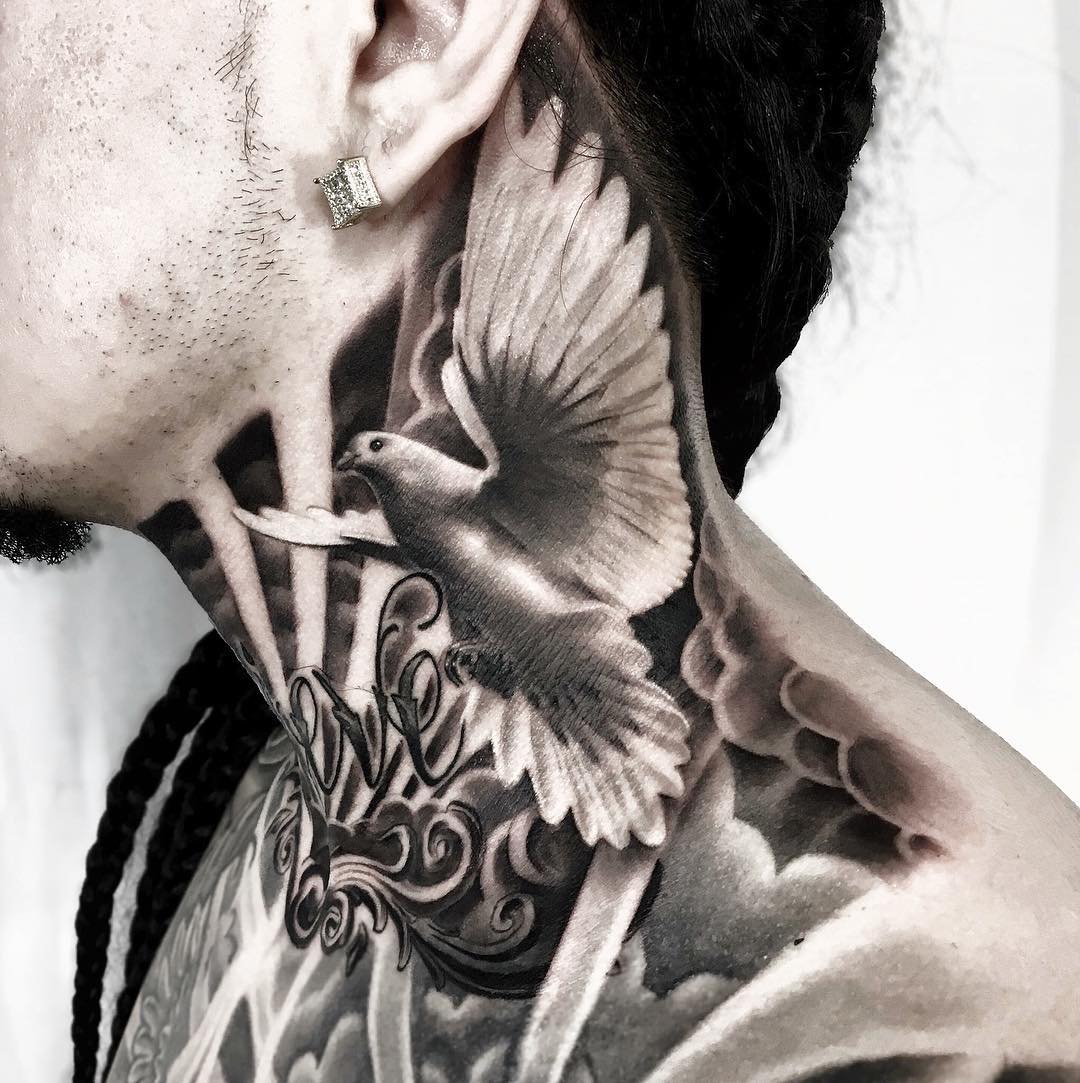 Love and a Dove Neck Tattoo Tattoo on skin