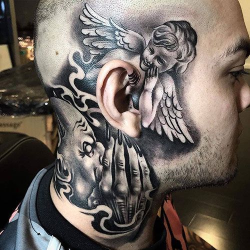 The Angel vs The Devil Neck Tattoo Tattoo on skin