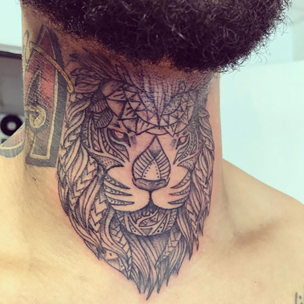 The King of the Jungle Goes Tribal Neck Tattoo Tattoo on skin