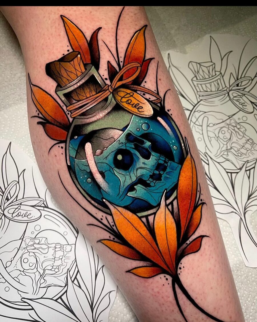 Captivating neo-traditional skull in potion design Tattoo on skin