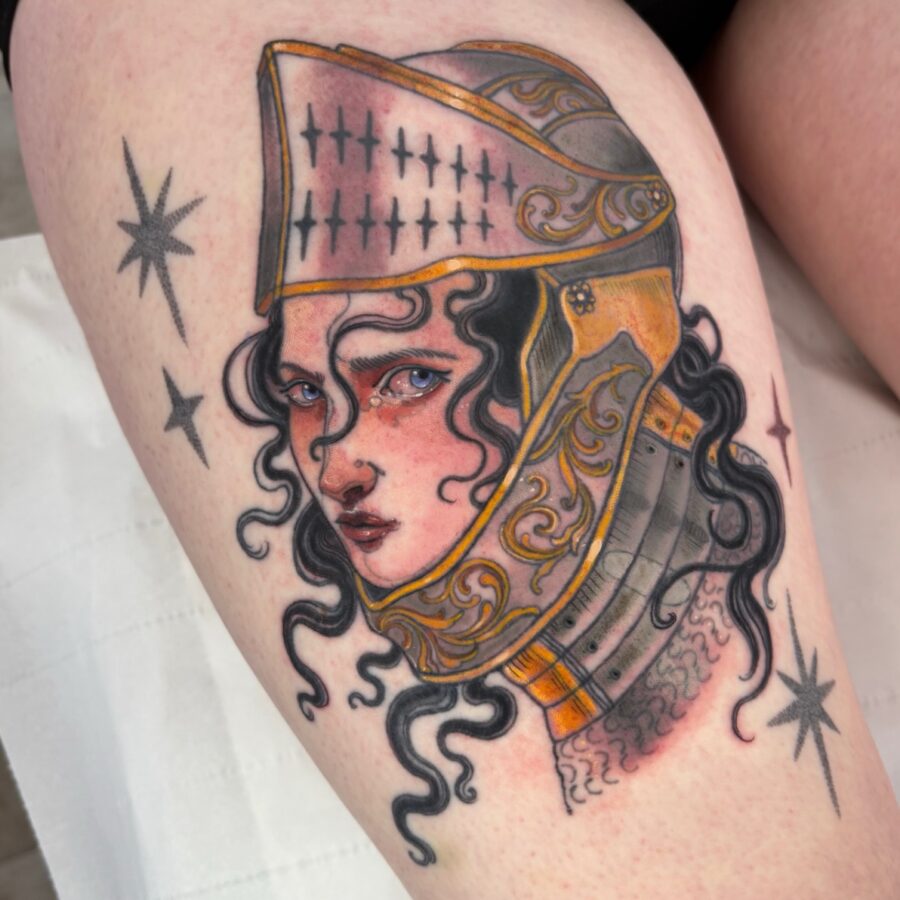 Knight-inspired neo traditional tattoo design Tattoo on skin