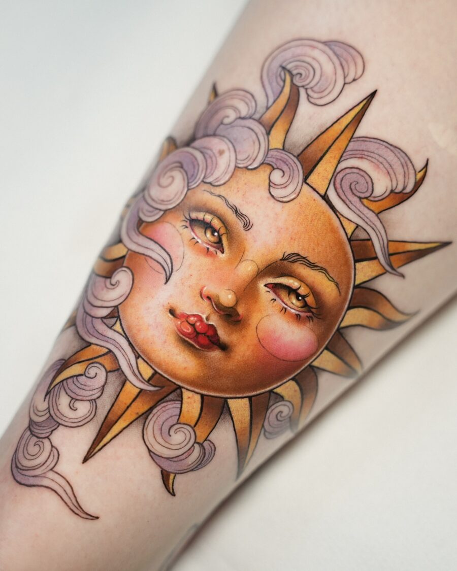 Neo Traditional Sun Face Tattoo Design Tattoo on skin