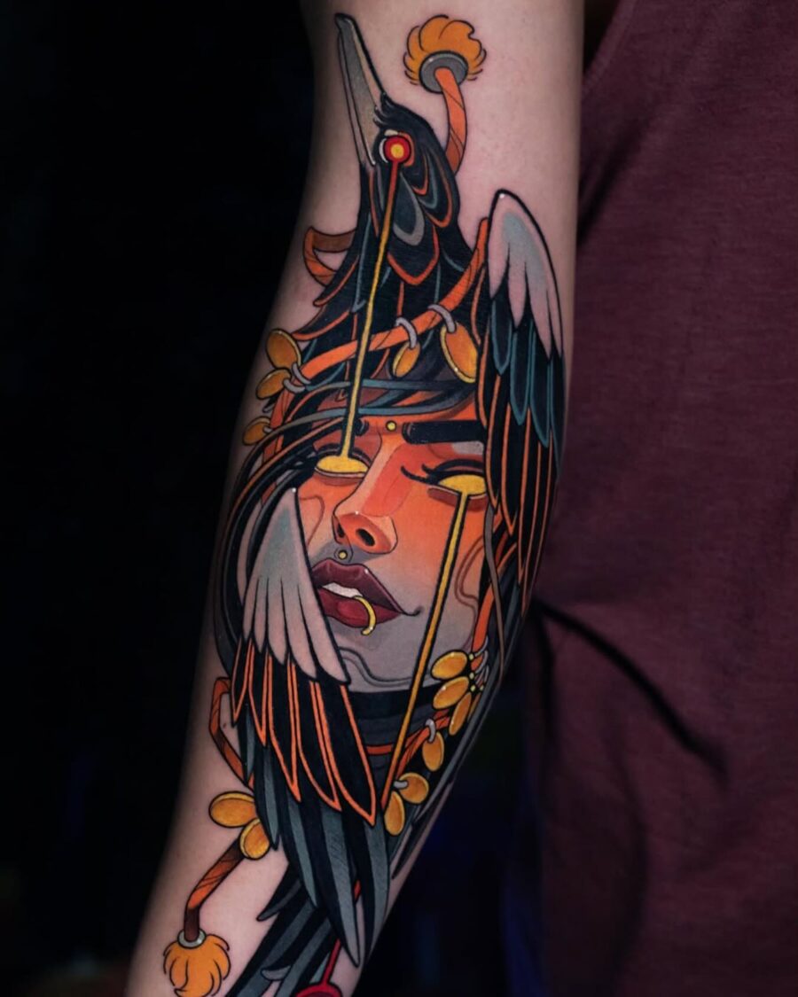 Striking neo-traditional female portrait tattoo design Tattoo on skin
