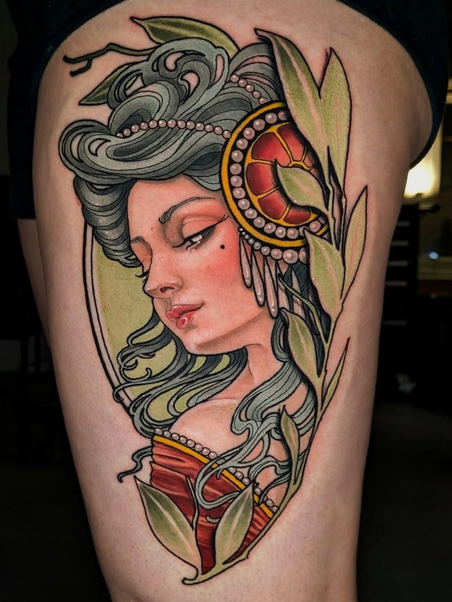 Stunning Neo-Traditional Tattoo of a Woman Tattoo on skin