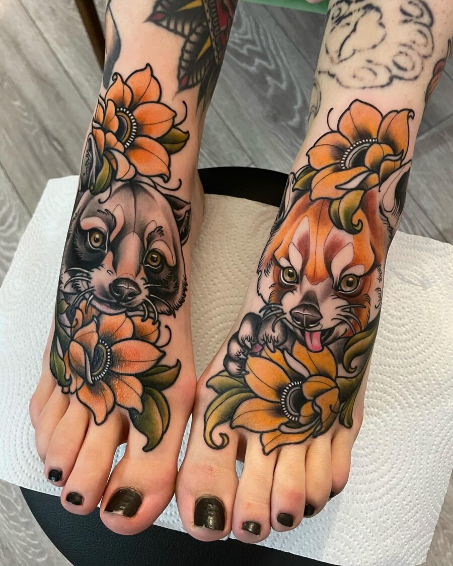 Vibrant Neo-Traditional Animal Tattoos with Flowers Tattoo on skin